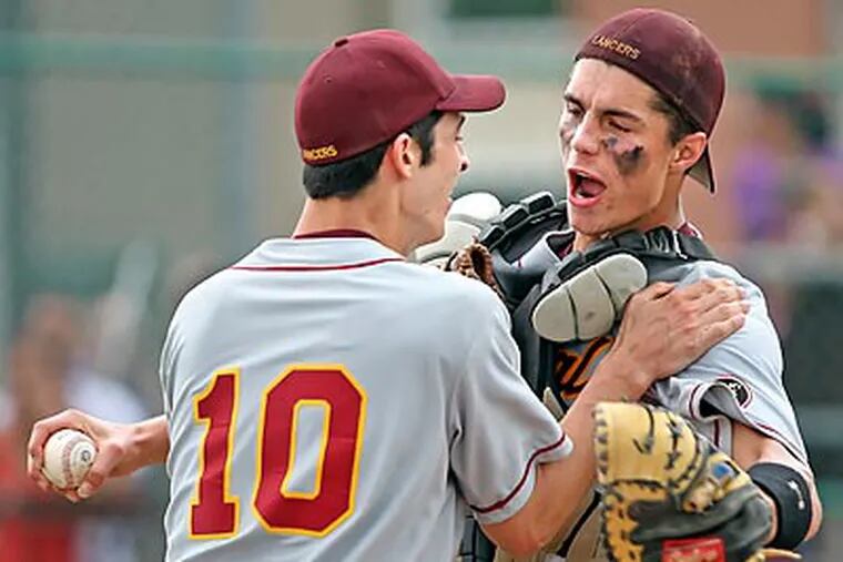 Central's pitcher Peter Rowe celebrates with catcher Julien Blancon after the triple play against Frankford during the fifth inning of the Public League baseball championship game. (Steven M. Falk / Staff Photographer)