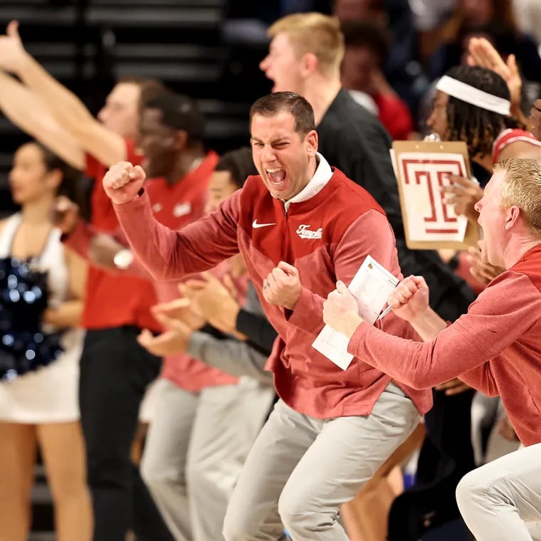 Temple coach Adam Fisher (center) has had a strong offseason bolstering a roster that made it to the American Athletic Conference championship this past season.