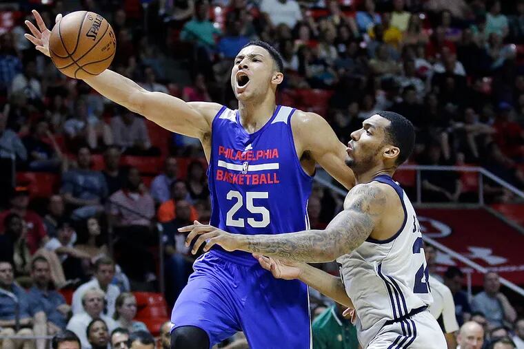 Philadelphia 76ers forward Ben Simmons (25) goes to the basket as Utah Jazz forward Joel Bolomboy, right, defends during the second half of an NBA summer league basketball game Thursday, July 7, 2016, in Salt Lake City.