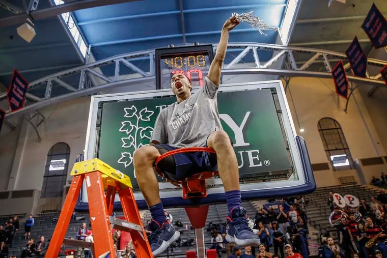 Penn's Darnell Foreman celebrating the Quakers' Ivy League championship win over Harvard last year that sent them to the NCAA Tournament.