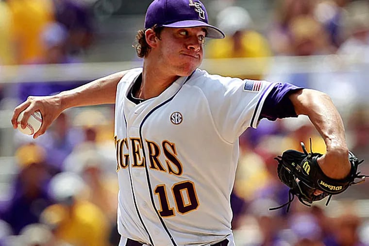 Aaron Nola throws against Stony Brook in the first inning of an NCAA college baseball tournament super regional game in Baton Rouge, La., Friday, June 8, 2012. (Gerald Herbert/AP)