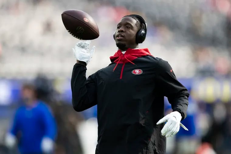 San Francisco 49ers safety Jaquiski Tartt (3) warms up before an NFL football game against the Los Angeles Rams Sunday, Jan. 9, 2022, in Inglewood, Calif. (AP Photo/Kyusung Gong)