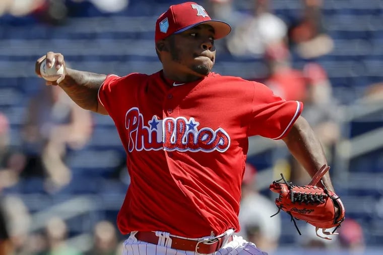 Phillies pitcher Edubray Ramos throws the baseball in the third-inning during a split squad spring training game against the Baltimore Orioles at Spectrum Field in Clearwater, FL on Saturday, March 3, 2018.