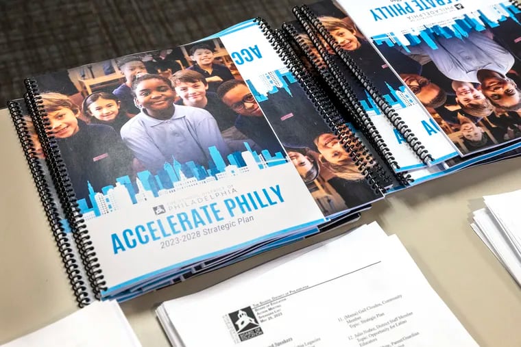 Copies of the five-year strategic plan prepared by School District of Philadelphia Superintendent Tony B. Watlington Sr. Watlington presented his plan to the school board Thursday night.