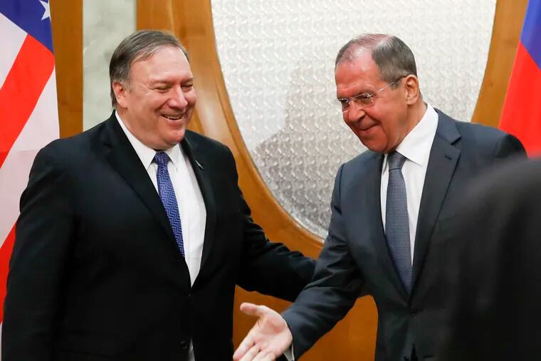 Russian Foreign Minister Sergey Lavrov, right, welcomes U.S. Secretary of State Mike Pompeo for the talks in the Black Sea resort city of Sochi, southern Russia, Tuesday, May 14, 2019. Pompeo's first trip to Russia starts Tuesday in Sochi, where he and Russian Foreign Minister Sergey Lavrov are sitting down for talks and then having a joint meeting with President Vladimir Putin.