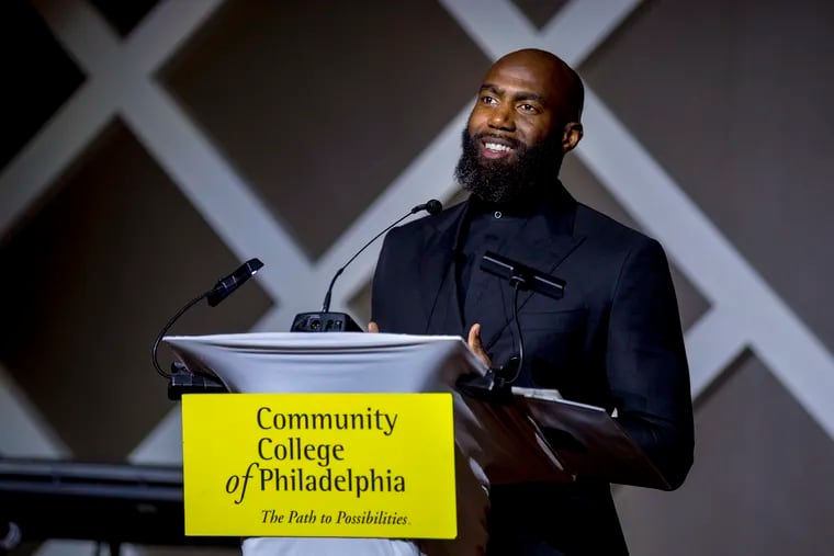 Eagles' safety Malcolm Jenkins speaks after receiving the Community Hero Award award from Community College of Philadelphia for his commitment to criminal justice reform, during the college foundation's annual scholarship fundraising Black & Gold Gala.