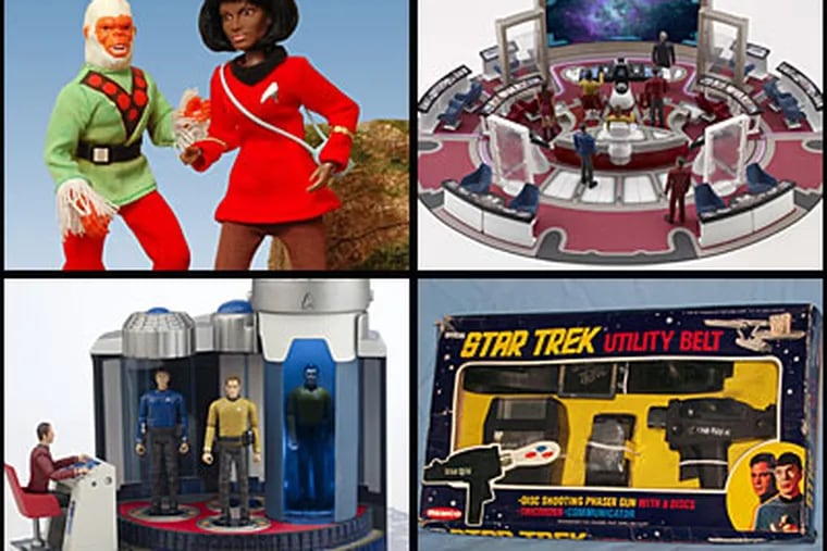 'Trek' collectibles, clockwise from top left: Mego figures of Uhura, right, with
the villain Mugato; a play set of the Bridge from the U.S.S. Enterprise; a utility belt toy; and a transporter room play set.