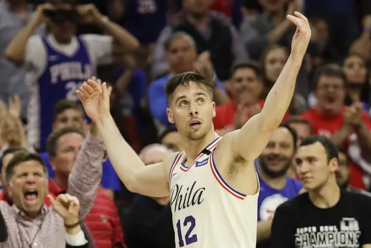 T.J. McConnell celebrating as he heads for the bench near the end of Monday’s NBA playoff win over Boston.