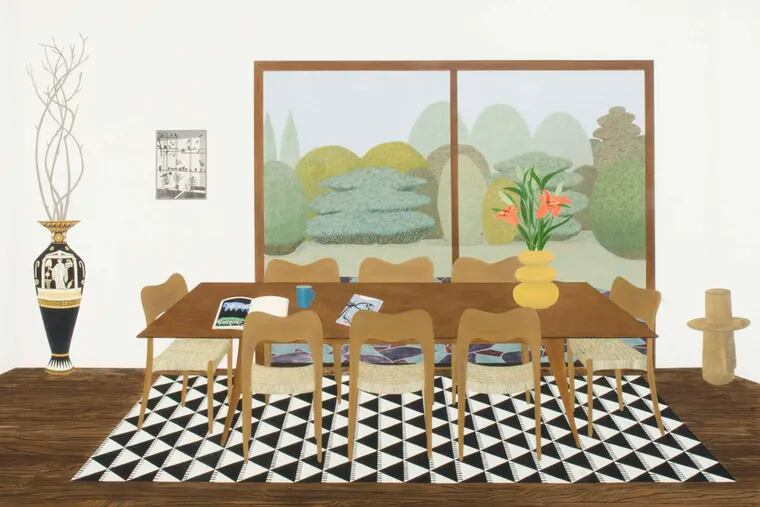 Becky Suss’s painting,”Dining Room (Verve Magazine, Volume 1, Nos.1 and 2),” 2015, oil on canvas, at the ICA.