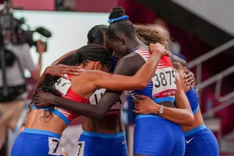 The team from the United States wins the women's 4 x 400-meter relay at the 2020 Summer Olympics, Saturday, Aug. 7, 2021, in Tokyo.