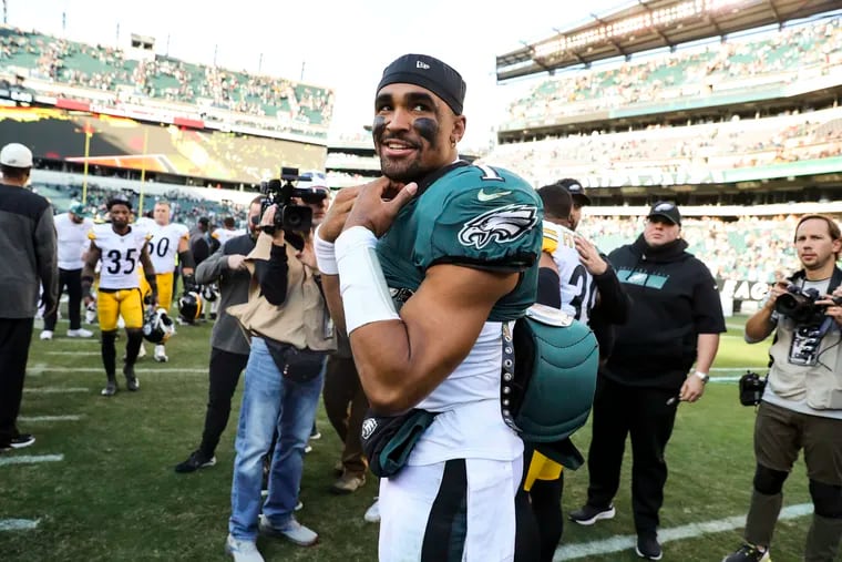 Eagles quarterback Jalen Hurts smiles after the win over the Steelers at Lincoln Financial Field.
