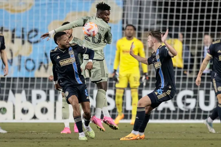 José Andrés Martínez (left) in action during last week's opening game of the Union's Concacaf Champions League semifinal series against Los Angeles FC at Subaru Park.