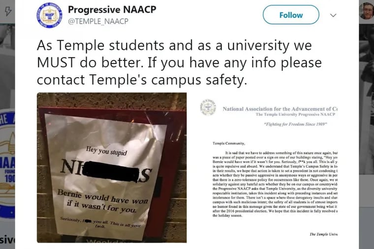 The Temple University Progressive NAACP was one of several campus groups to respond to racist flyers posted around the university this week.