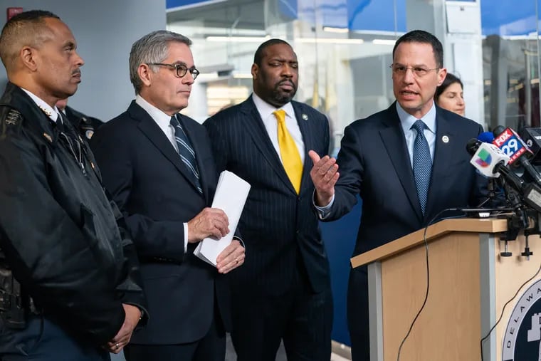 Pennsylvania Attorney General Josh Shapiro speaks at news conference with (from left) Philadelphia Police Commissioner Richard Ross, Philadelphia District Attorney Larry Krasner, and Philadelphia City Councilman Kenyatta Johnson, announcing eight arrests in alleged South Philadelphia gang-related shootings, Wednesday, March 6, 2019, in Philadelphia.