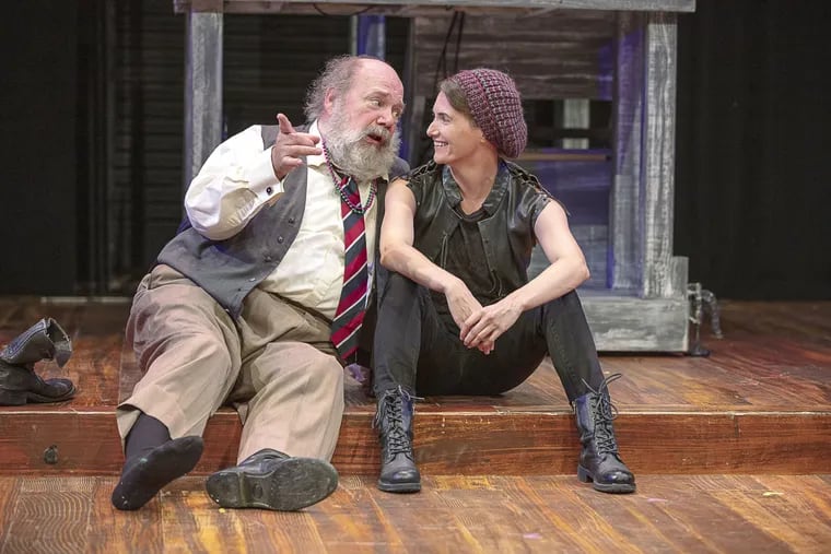 John Ahlin as Falstaff and Mairin Lee as Prince Hal in the Pennsylvania Shakespeare Festival production of Henry IV, Part 1.