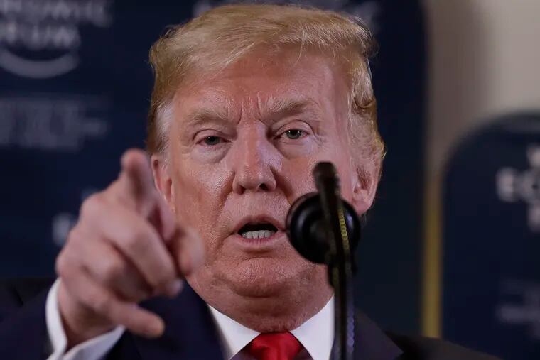 US President Donald Trump speaks during a news conference at the World Economic Forum in Davos, Switzerland, Wednesday, Jan. 22, 2020. Trump's two-day stay in Davos is a test of his ability to balance anger over being impeached with a desire to project leadership on the world stage.