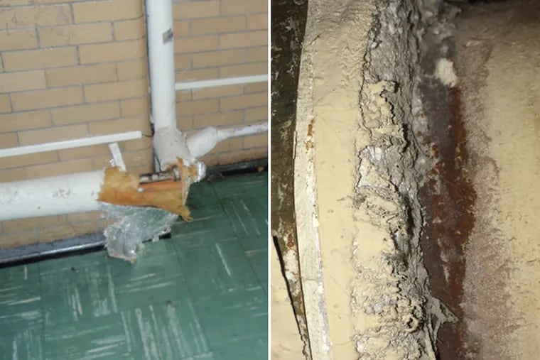 Exposed insulation (left) was found at Beeber Middle School in West Philadelphia. Exposed asbestos (right) was found at Key Elementary in South Philadelphia.