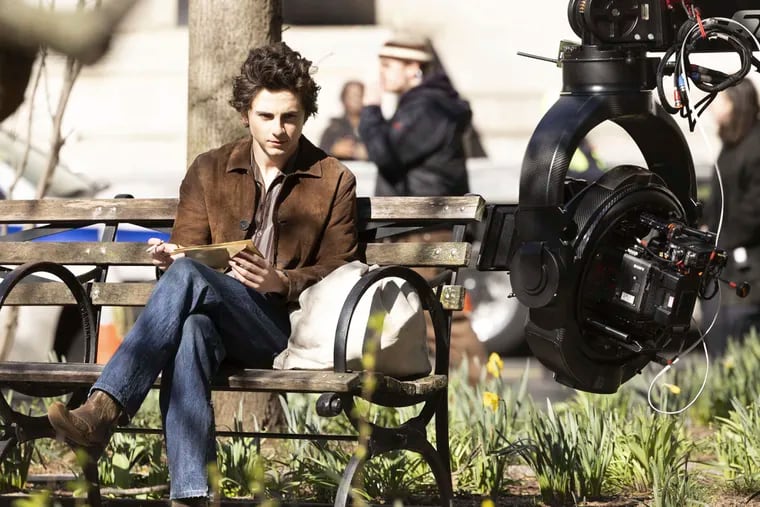 Timothée Chalamet on the set of "A Complete Unknown" in New York City on March 24, 2024.