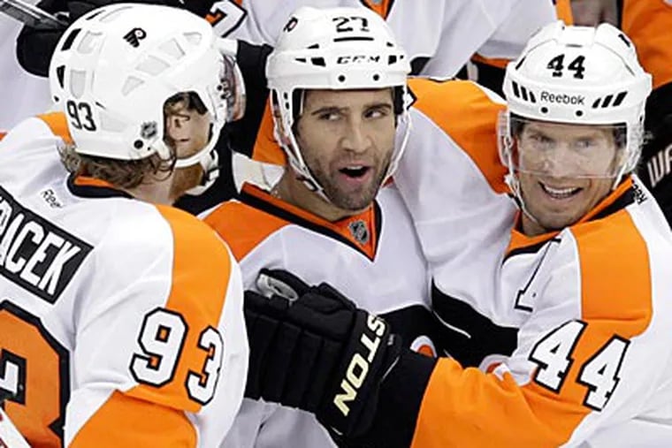 Flyers forward Max Talbot scored an empty net goal against the Penguins, his former team, on Thursday. (Gene J. Puskar/AP)