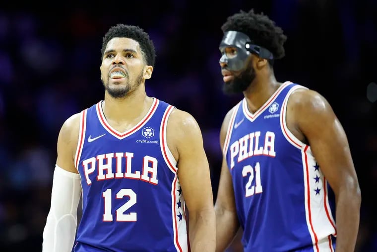 Sixers forward Tobias Harris with teammate center Joel Embiid against the Miami Heat during game six of the second-round Eastern Conference playoffs on Thursday, May 12, 2022 in Philadelphia.