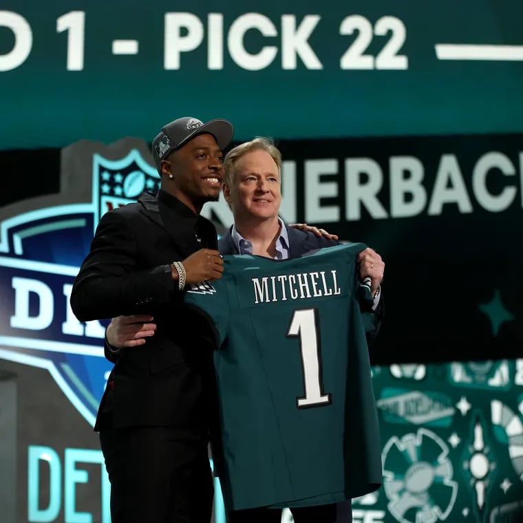 Quinyon Mitchell poses with NFL Commissioner Roger Goodell after being selected 22nd overall by the Philadelphia Eagles during the first round of the 2024 NFL Draft at Campus Martius Park and Hart Plaza on April 25, 2024 in Detroit, Michigan.