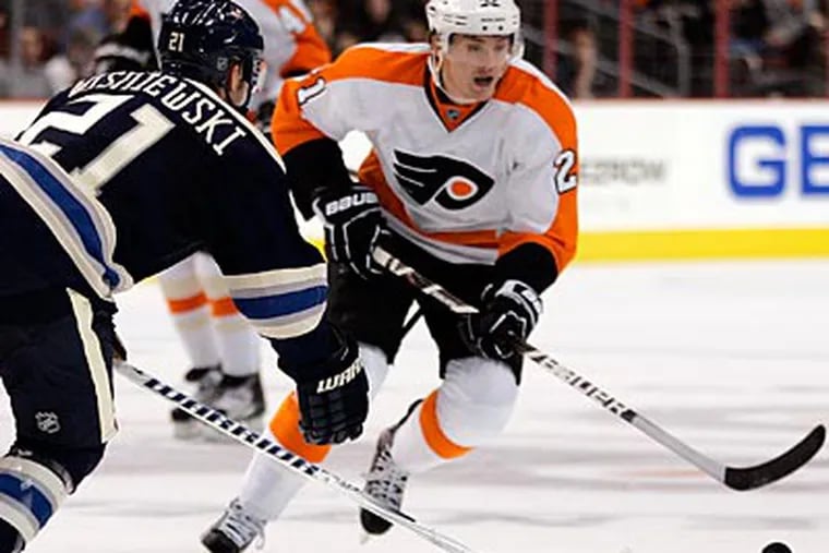 Flyers forward James van Riemsdyk scored a goal and picked up two assists against the Blue Jackets. (Tom Mihalek/AP)