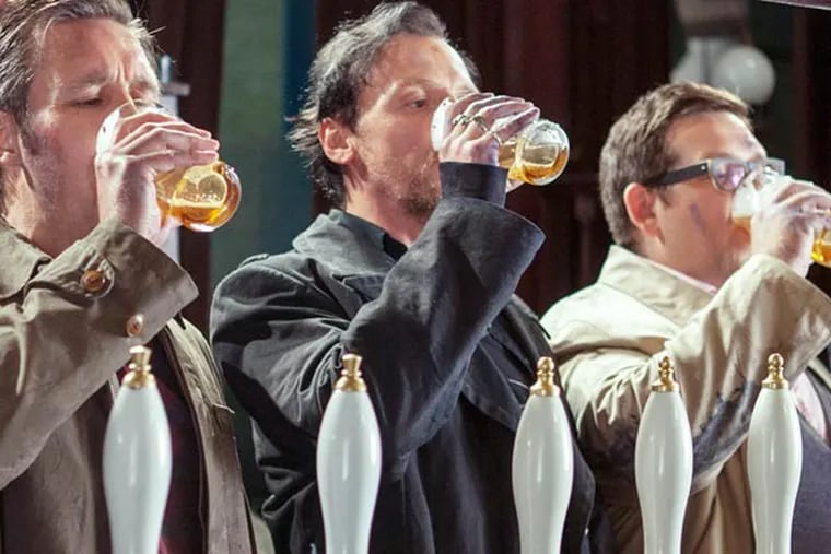 This film publicity image released by Focus Features shows, from left, Martin Freeman, Paddy Considine, Simon Pegg, Nick Frost, and Eddie Marsan in a scene from "The World's End." (AP Photo/Focus Features, Laurie Sparham)
