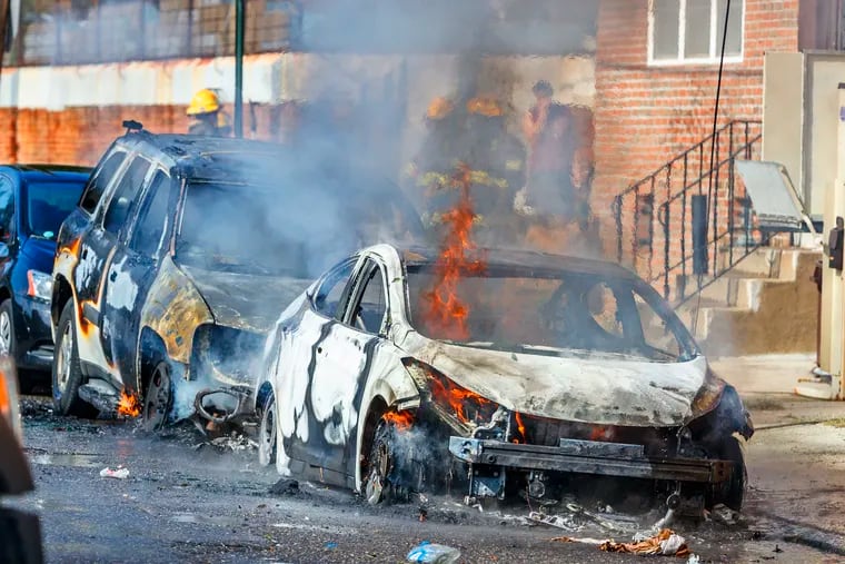 Flames rise from a vehicle that had caught on fire in the 1700 block of Francis Street on Monday September 4, 2018. The fire was caused when a powerline fell across the car and caused it to begin to burn, it then caught the car parked next to it to burn as well. Power was lost to the residents of the area as well.