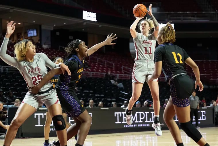 Caranda Perea (11) seen here in action against East Carolina scored a team-high 17 points to lead Temple past Wichita State at the Liacouras Center on Wednesday night. It would mark the Owls' third straight win.