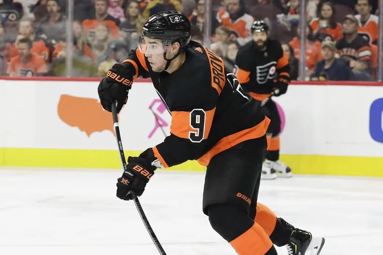 Ivan Provorov skates with the puck during the Flyers' win over New Jersey on Saturday.