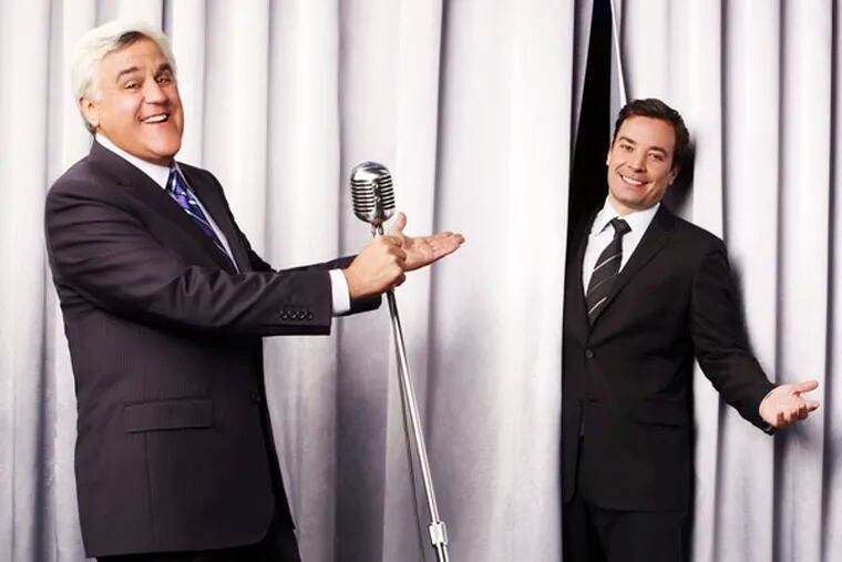 This undated promotional image released by NBC shows Jay Leno, host of "The Tonight Show with Jay Leno," left, and Jimmy Fallon, host of "Late Night with Jimmy Fallon," in Los Angeles. NBC on Wednesday, April 3, 2013 announced its long-rumored switch in late night, replacing incumbent Jay Leno at "The Tonight Show" with Jimmy Fallon and moving the iconic franchise back to New York. Leno will wrap up what will be 22 years of headlining the iconic late-night show in Spring 2014.  "Saturday Night Live" producer Lorne Michaels will take over as producer of the new "Tonight Show." (AP Photo/NBC, Andrew Eccles)