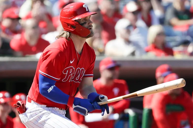 Phillies outfielder Bryce Harper batting against the Baltimore Orioles in a spring training game on Sunday.