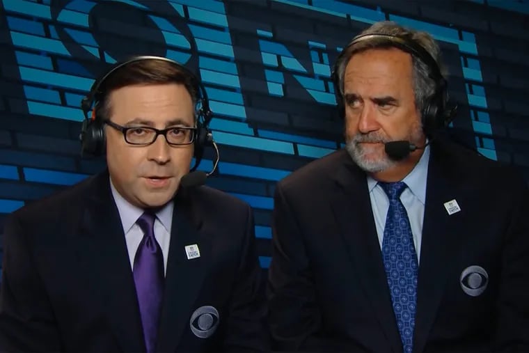 CBS broadcasters Ian Eagle (left) and Dan Fouts called Sunday’s nationally televised Eagles game. CBS switched the game to Ravens-Titans for most of the country after the Eagles pulled out to a huge lead.