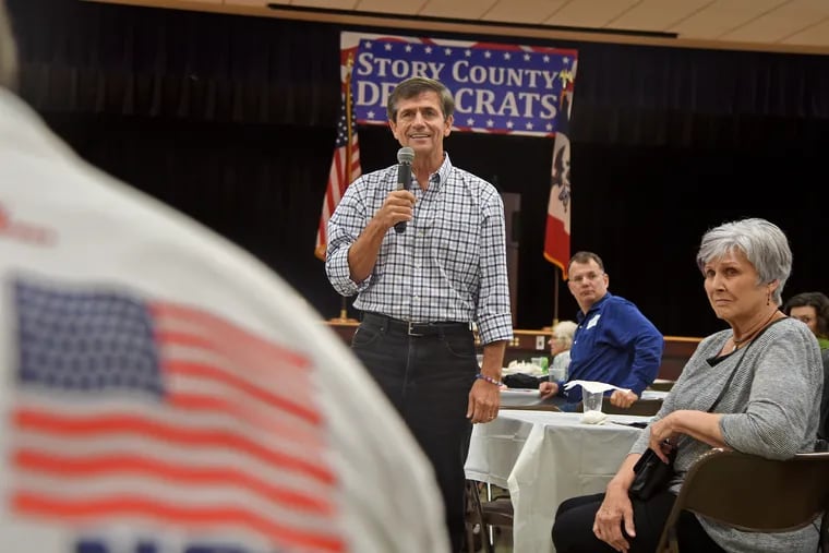 Former U.S. Rep. Joe Sestak of Pennsylvania answers a question at the Story County Democrats’ fall barbecue fund-raiser in Nevada, Iowa, on Sunday, Sept. 22, 2019.