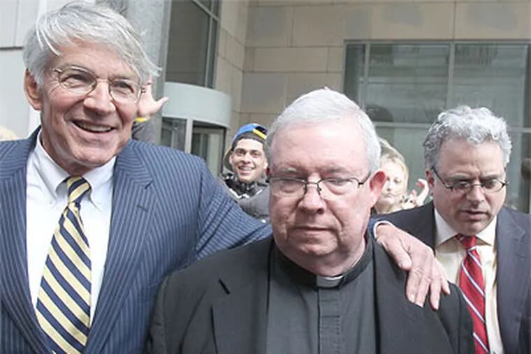 Msgr. William J. Lynn, with attorneys Thomas Bergstrom (left) and Jeffrey Lindy, is charged with conspiracy. (Charles Fox / Staff Photographer)