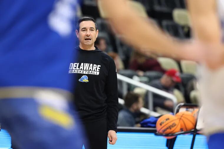 Delaware coach Martin Ingelsby runs his team through a practice Thursday in preparation for the Blue Hens' matchup Friday against Villanova.
