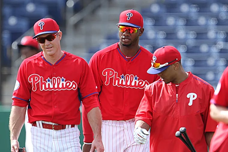 Phillies outfielder Domonic Brown and teammates at Bright House Field. (David Swanson/Staff Photographer)
