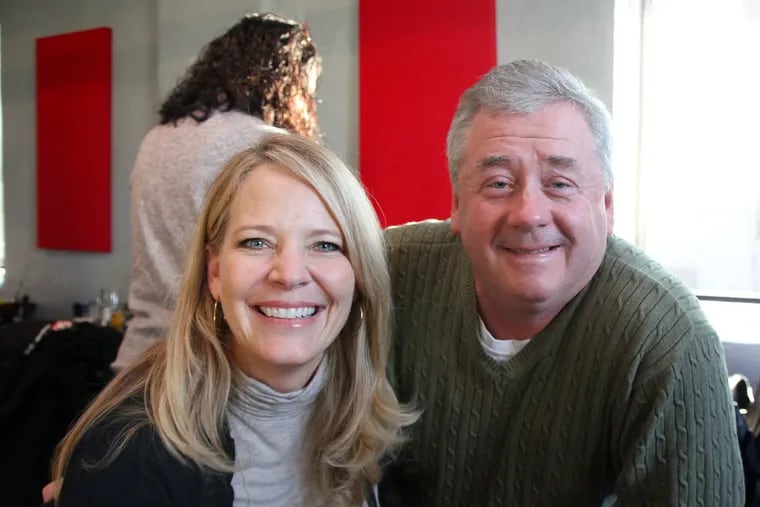 Jim Salisbury (right), seen here with former Comcast SportsNet anchor and reporter Leslie Gudel at Conshohocken Brewing Co. in Bridgeport.