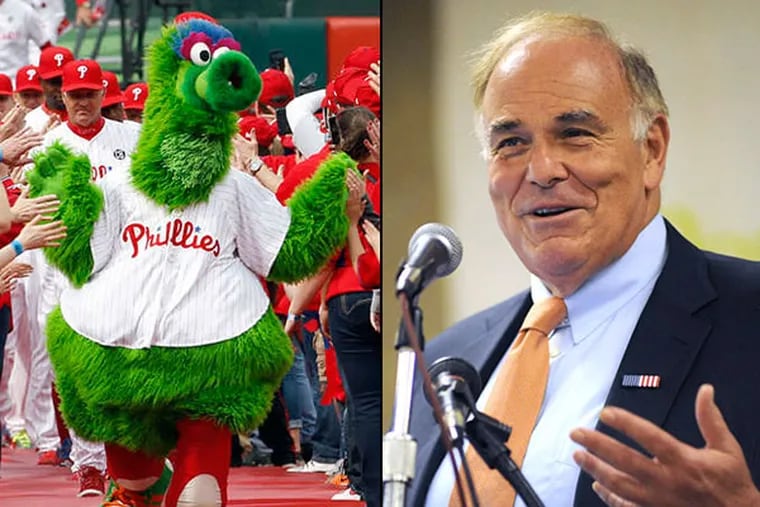 Two beloved icons, at least for many: the Phillie Phanatic and former Gov. Ed Rendell (Staff File photos)
