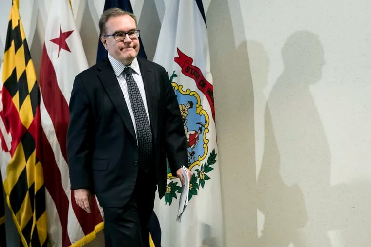 Acting Environmental Protection Agency Administrator Andrew Wheeler walks from the podium after the news conference announcing the EPA's PFAS action plan in Philadelphia, Thursday, Feb. 14, 2019.  (AP Photo/Matt Rourke)
