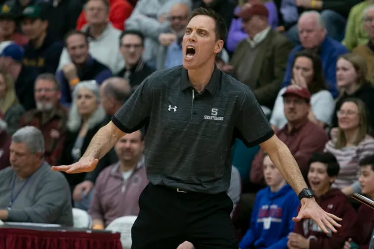 Swarthmore coach Landry Kosmalski yelled instructions to his team during a game in February.