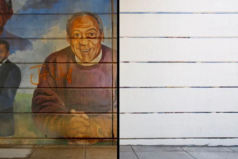 Left, a portrait of Bill Cosby under the bridge on North Broad Street. (Michael Bryant / Staff Photographer). Right, Whitewashed walls are all that remain of the mural. (Colin Kerrigan / Philly.com)