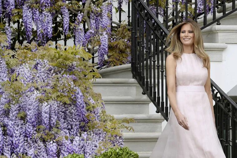First lady Melania Trump attends the annual Easter Egg roll on the South Lawn of the White House in an ethereal Herve Pierre gown.