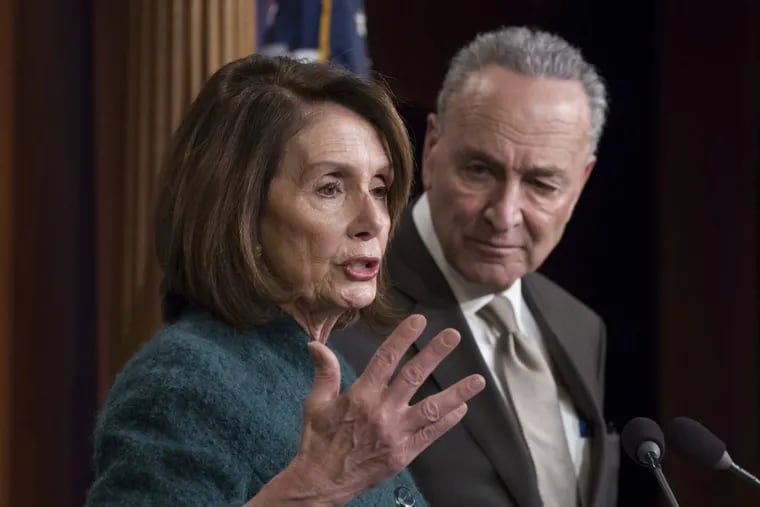 House Minority Leader Nancy Pelosi, D-Calif., and Senate Minority Leader Chuck Schumer, D-N.Y., speak to reporters about the massive government spending bill moving through Congress, on Capitol Hill in Washington, Thursday, March 22, 2018.