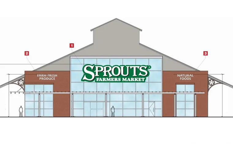 Sketch from filing with Philadelphia Art Commission for signs at planned Sprouts natural foods market at Lincoln Square development on South Broad Street.