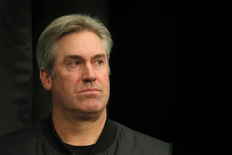 Eagles head coach Doug Pederson listens to a question during a news conference at the team's practice facility in Philadelphia, PA on January 15, 2019.