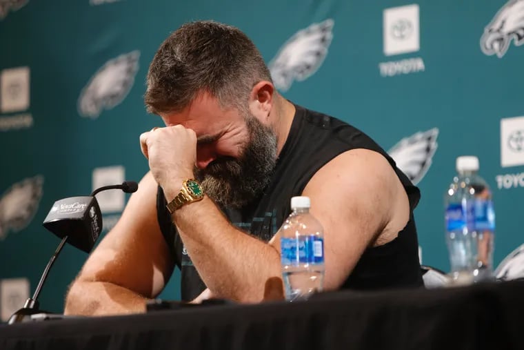 Eagles center Jason Kelce has an emotional moment during his press conference Monday at the NovaCare Complex. He had quite a few.