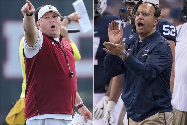 Temple Owls football head coach Geoff Collins (left) and Penn State Nittany Lions football head coach James Franklin (right).