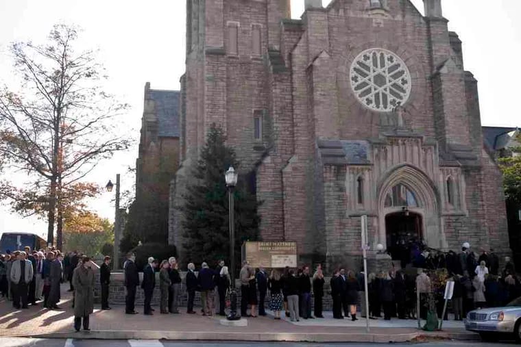 People wishing to pay respects to Fran Crippen line up outside St. Matthew Catholic Church in Conshohocken. &quot;The incredible ability to befriend anybody regardless of age was Fran's greatest asset,&quot; his former coach at the University of Virginia said.