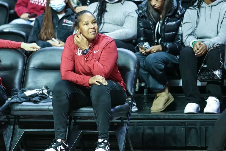 Head coach Tonya Cardoza watches the players compete during Temples midnight madness at the Liacouras Center, Thursday, November 4, 2021.